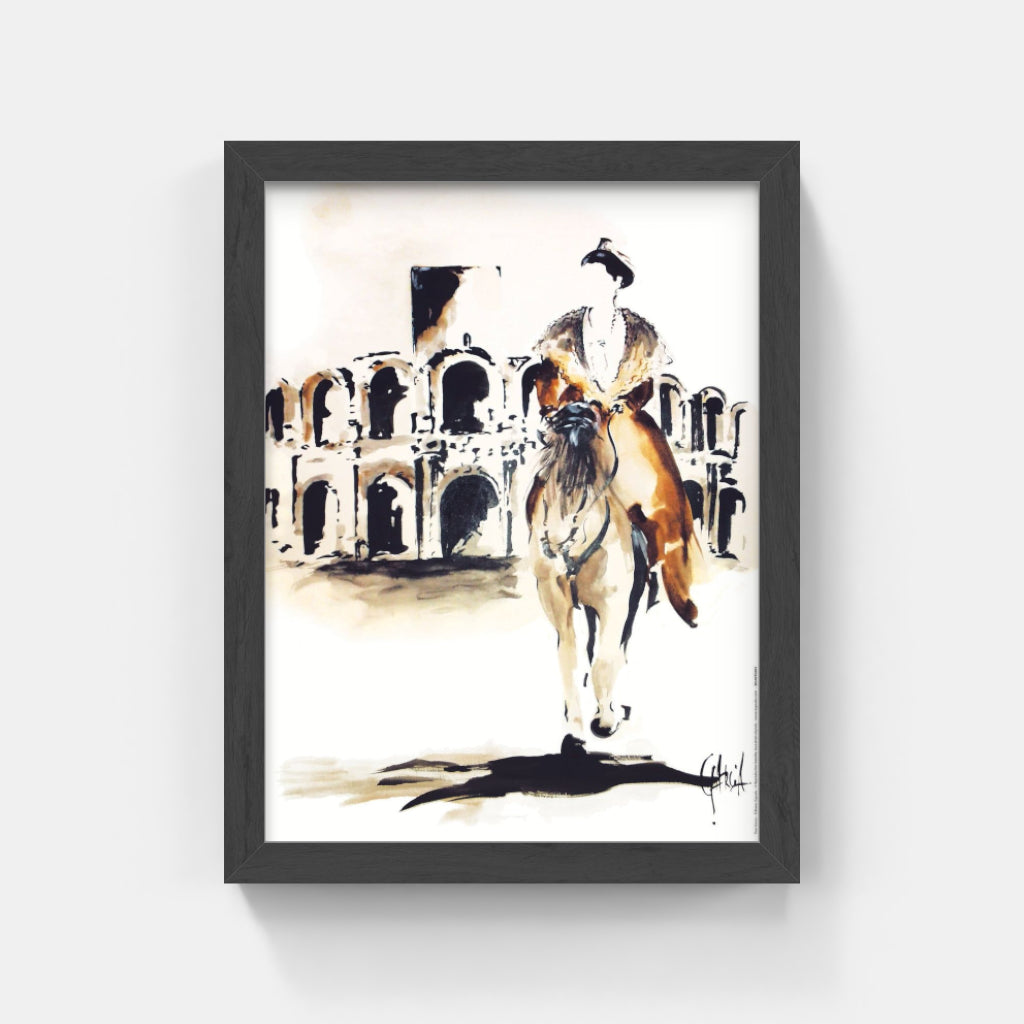 Carte Postale : "Arène d’Arles et Arlésienne à cheval" de Tom GARCIA