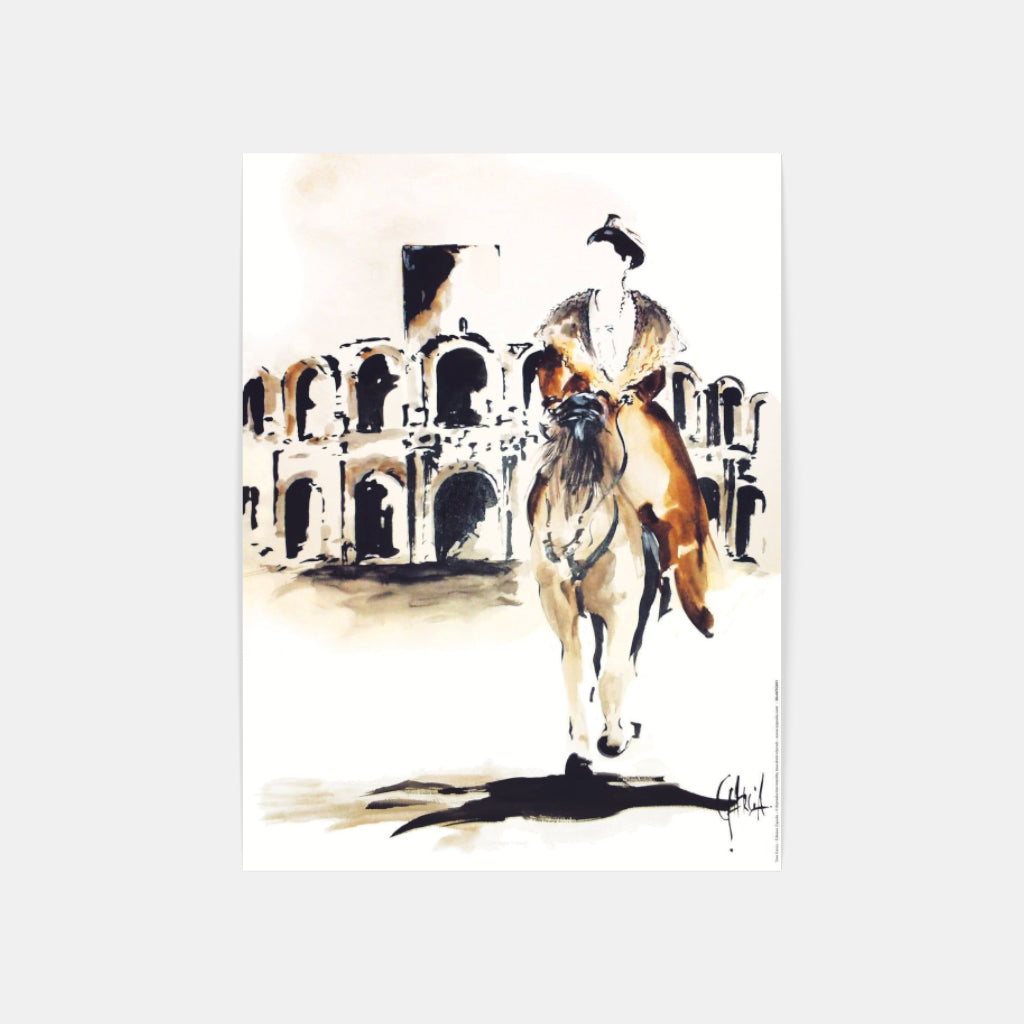 Carte Postale : "Arène d’Arles et Arlésienne à cheval" de Tom GARCIA