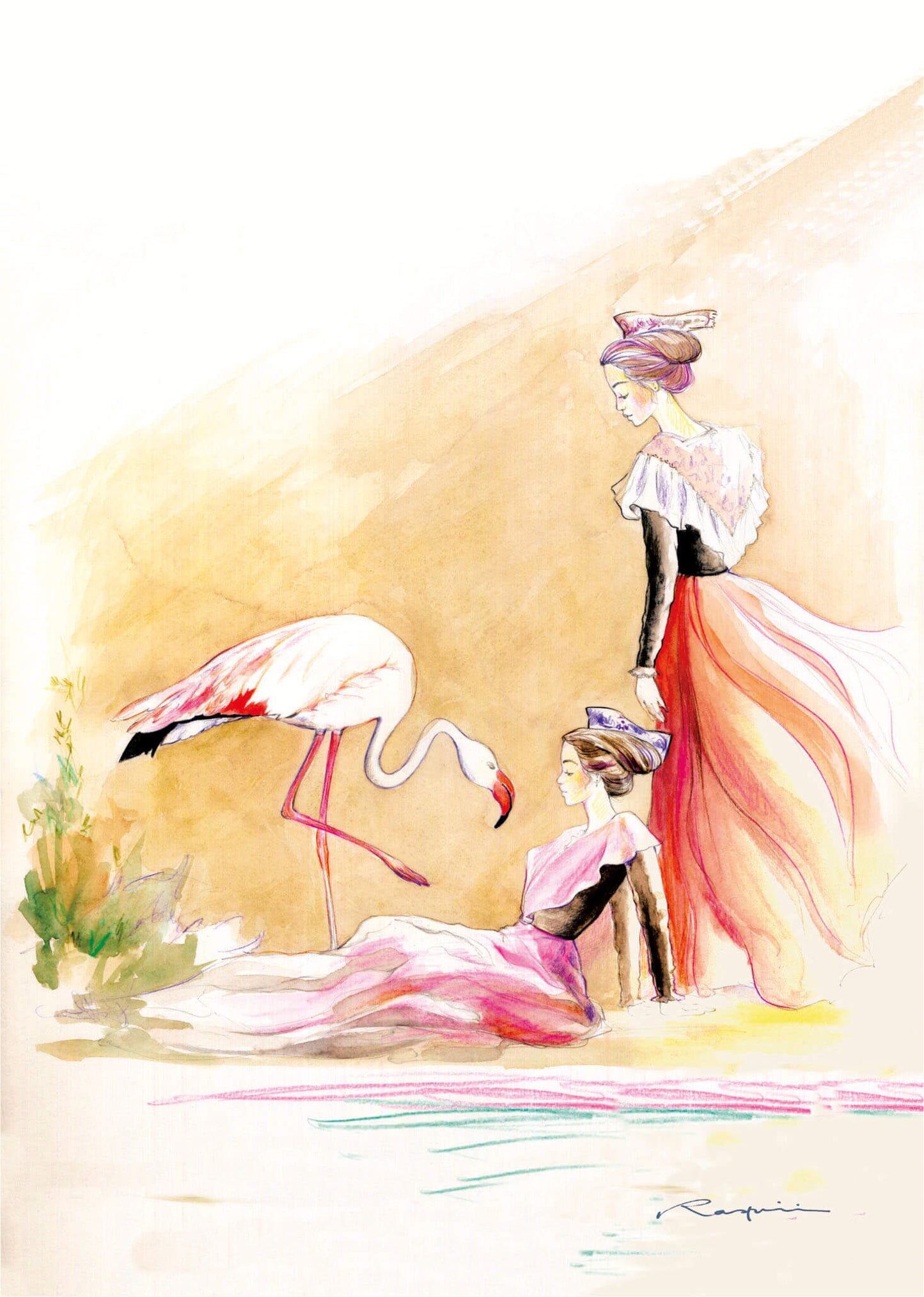 Carte Postale d'Art : "Croquis d'Arlésiennes et flamant rose"