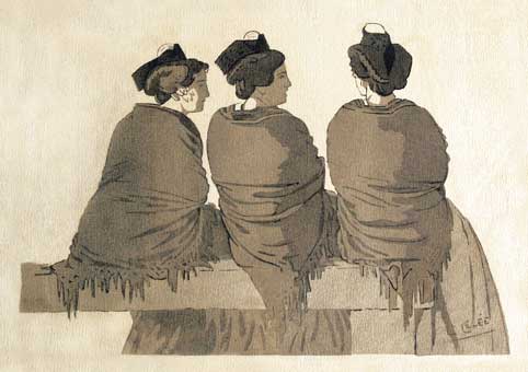 Carte Postale d'Art : "Trois arlésiennes sur un banc"