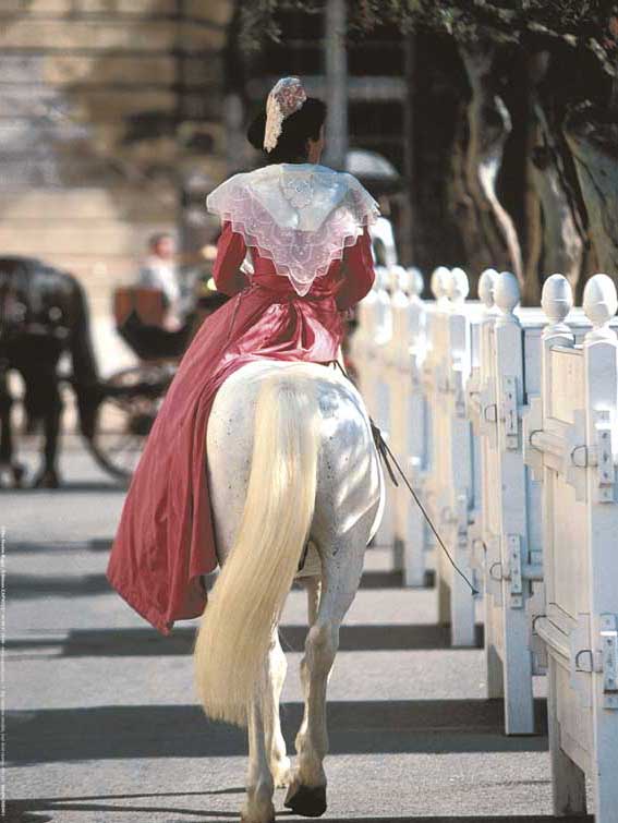Photographie d'Art : "Arlésienne en robe fuchsia en amazone sur un cheval Camargue"