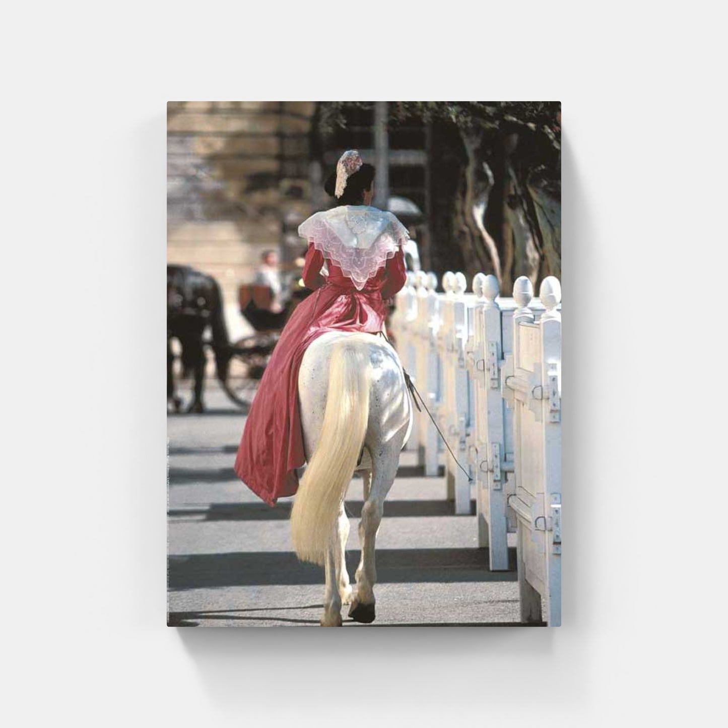 Affiche : "Arlésienne en robe fuchsia en amazone sur un cheval Camargue" de Gilles MARTIN-RAGET