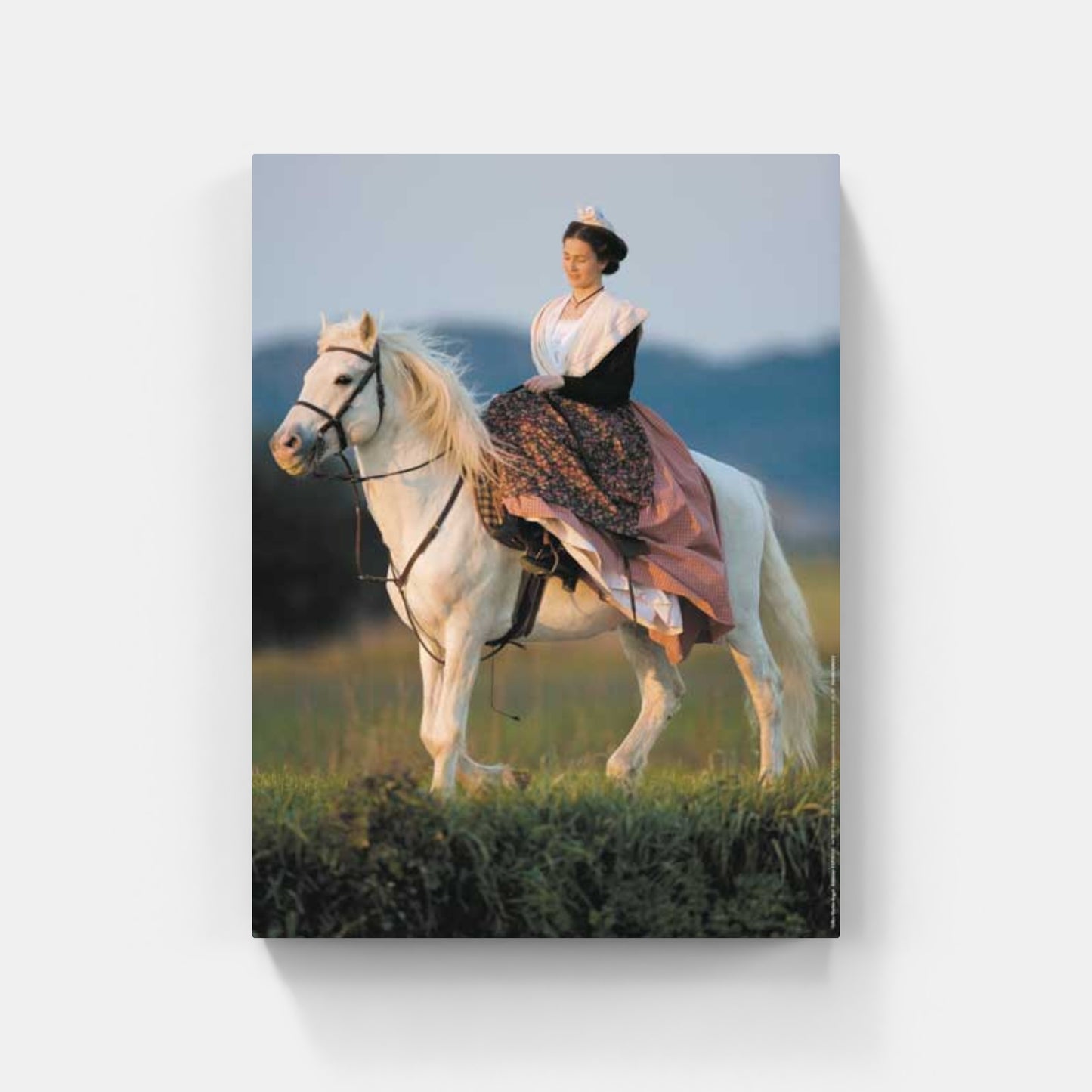 Affiche : "Reine d'Arles en amazone sur un Cheval Camargue" de Gilles MARTIN-RAGET