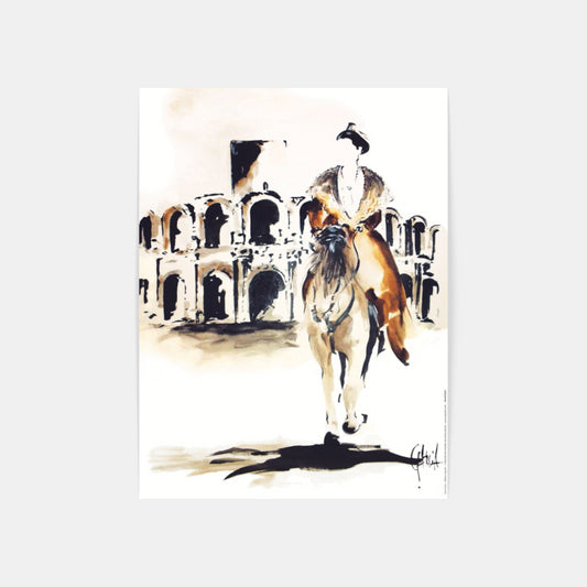 Carte Postale : "Arène d’Arles et Arlésienne à cheval" de Tom GARCIA