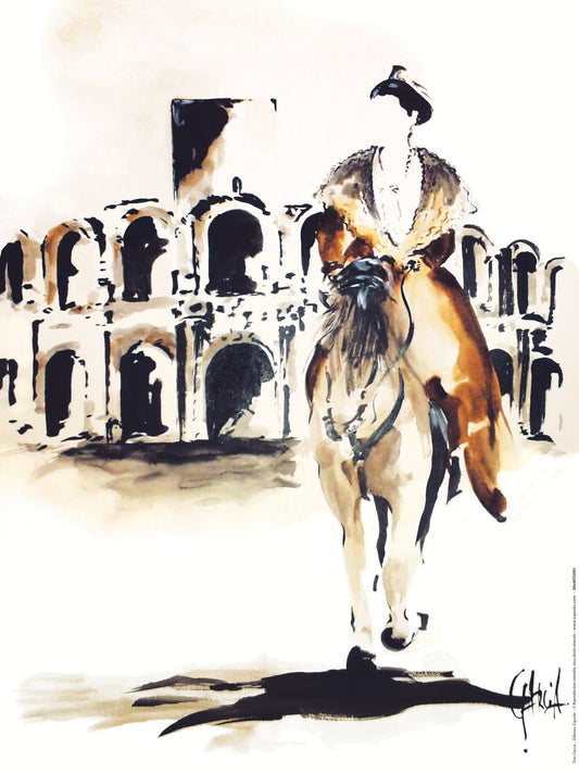 Carte Postale d'Art : "Arène d’Arles et Arlésienne à cheval" de Tom GARCIA