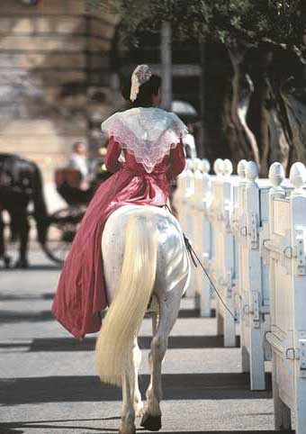 Carte Postale d'Art : "Arlésienne en robe fuchsia en amazone sur un cheval Camargue" de Gilles MARTIN-RAGET